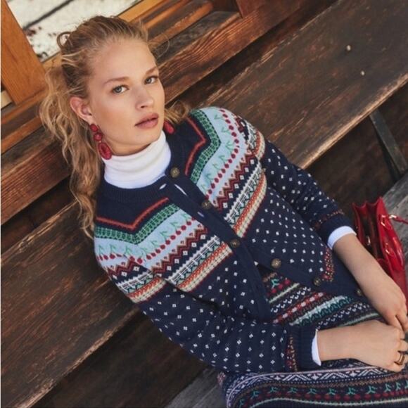 J. CREW Fair Isle Cardigan Sweater Cherry Print Navy Blue Sz XXS {QQ1} - Picture 1 of 7